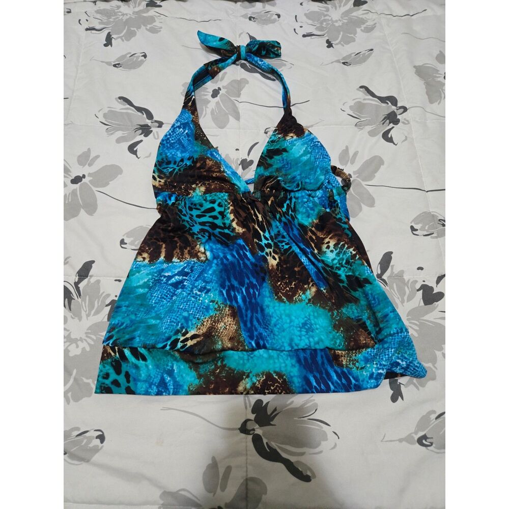 Venus Women’s Size 4 Blue Brown Animal Print Halter Tankini Swim Top